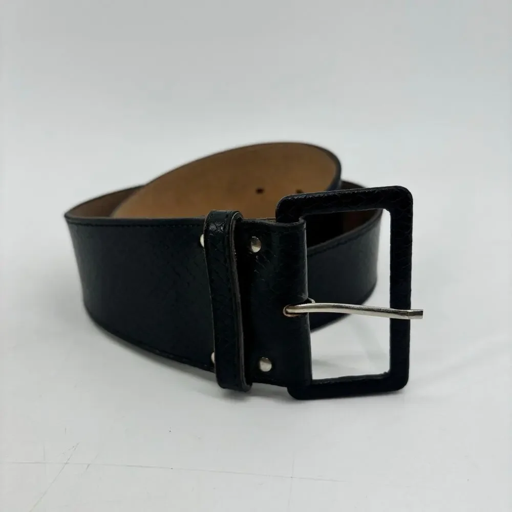 Vintage Women's Small Belt Black Faux Leather Snakeskin Texture Statement Buckle